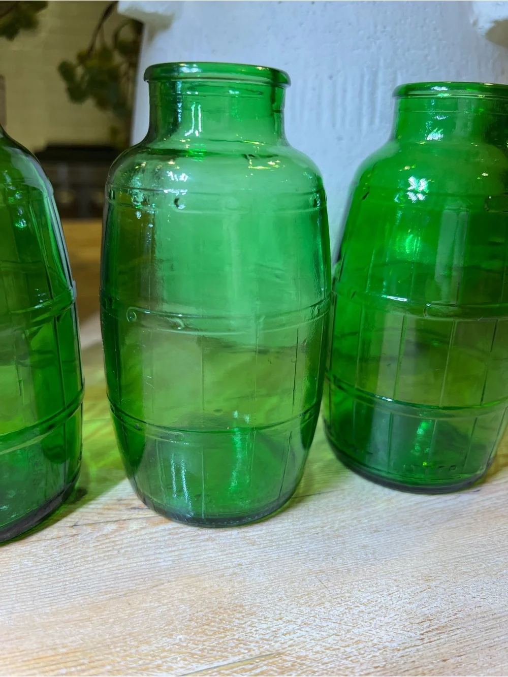 Set 3 Vintage Mickey's Fine Malt Green Glass Barrel Bottles 1960 Patent Pending